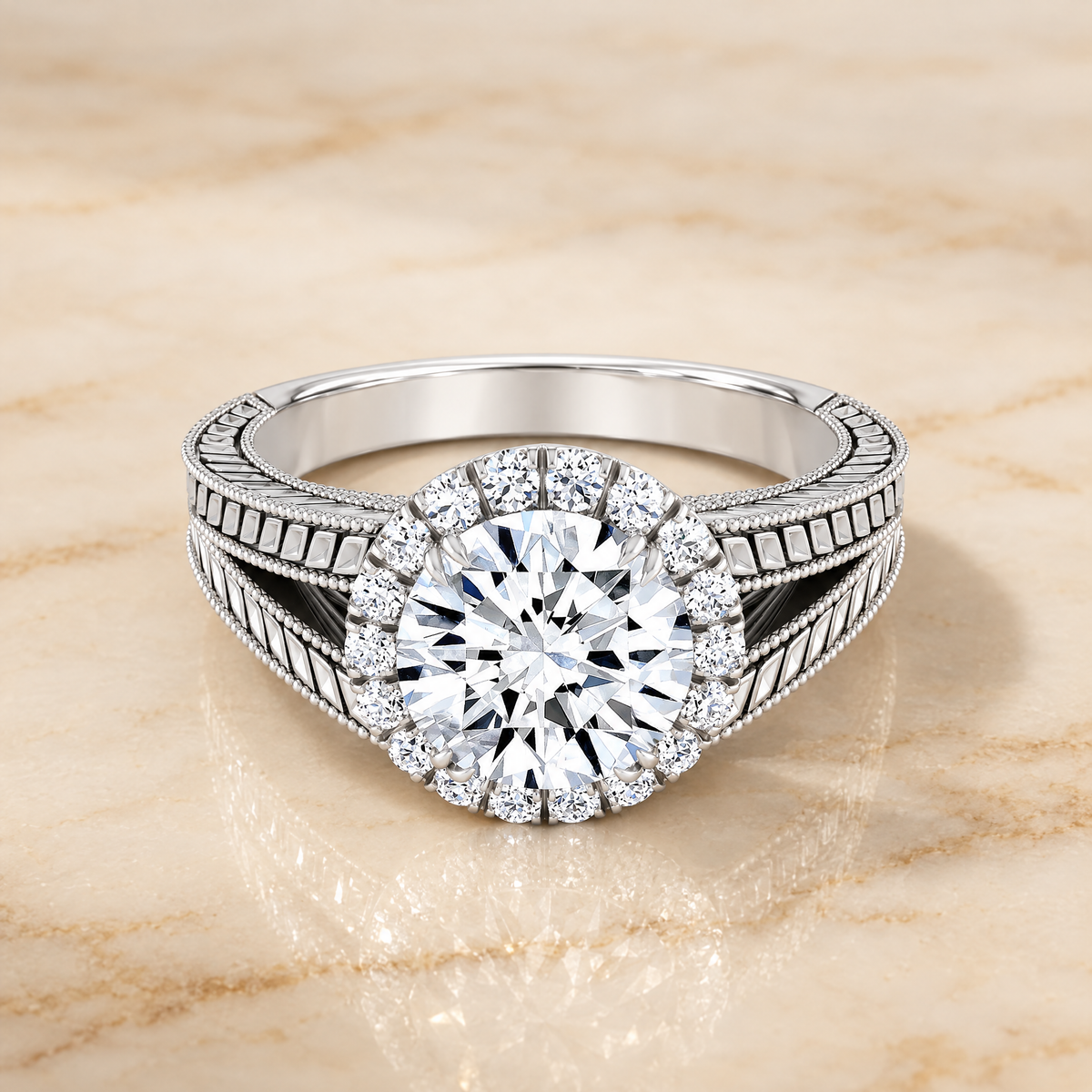 Round engagement ring setting in Platinum, Ramona Vintage Wheat Engraved Halo Round | RockHer