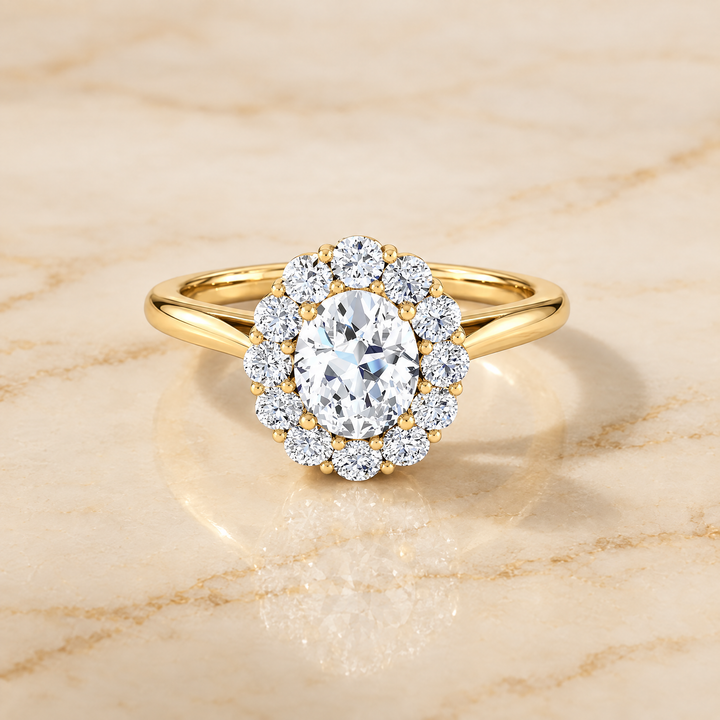 The Faith Floral Prong Halo Oval Engagement Ring Setting in 18K Yellow Gold