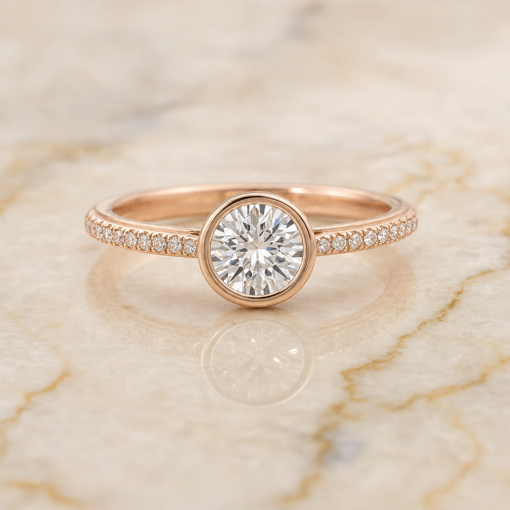 The Cappella Linear Bezel Pavé Round Engagement Ring Setting in 14K Rose Gold