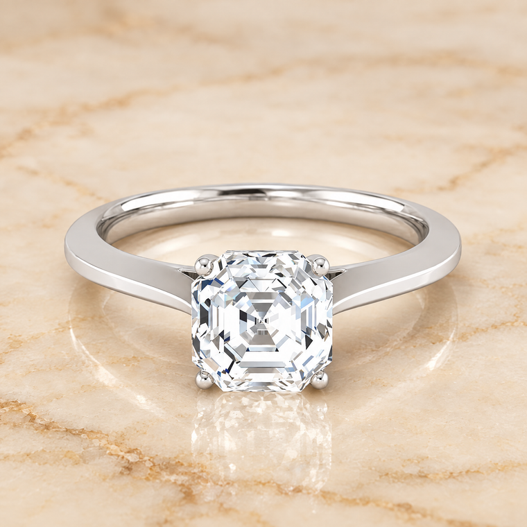 The Elena Timeless Graduated Beveled Shank Solitaire Asscher Cut Engagement Ring Setting in Platinum
