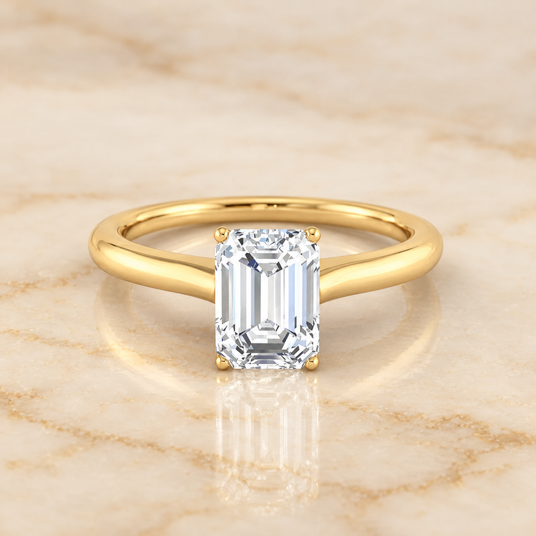 The Rosanna Cathedral Surprise Stone Solitaire Emerald Cut Engagement Ring Setting in 18K Yellow Gold