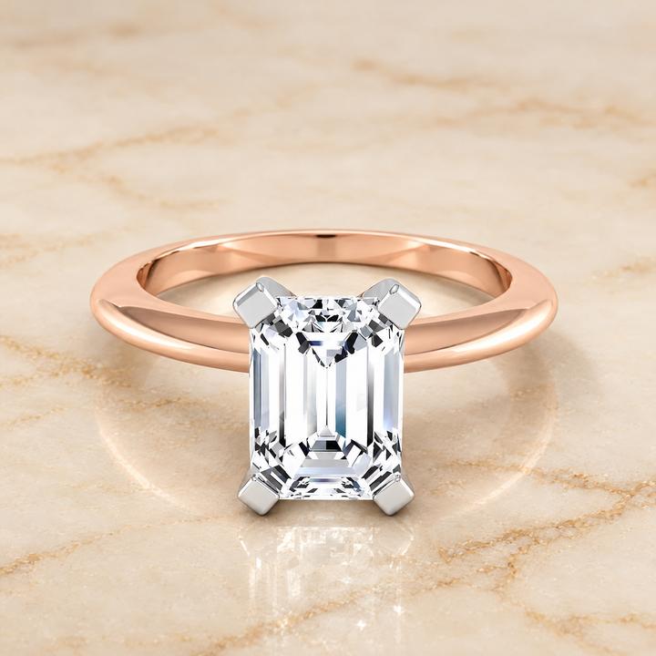 The Lolette Classic Low Base Solitaire Emerald Cut Engagement Ring Setting in 14K Rose Gold