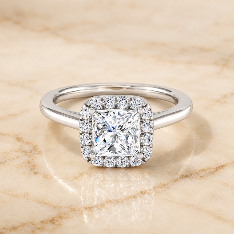 The Carnie Classic Prong Diamond Halo Princess Cut Engagement Ring Setting in Platinum