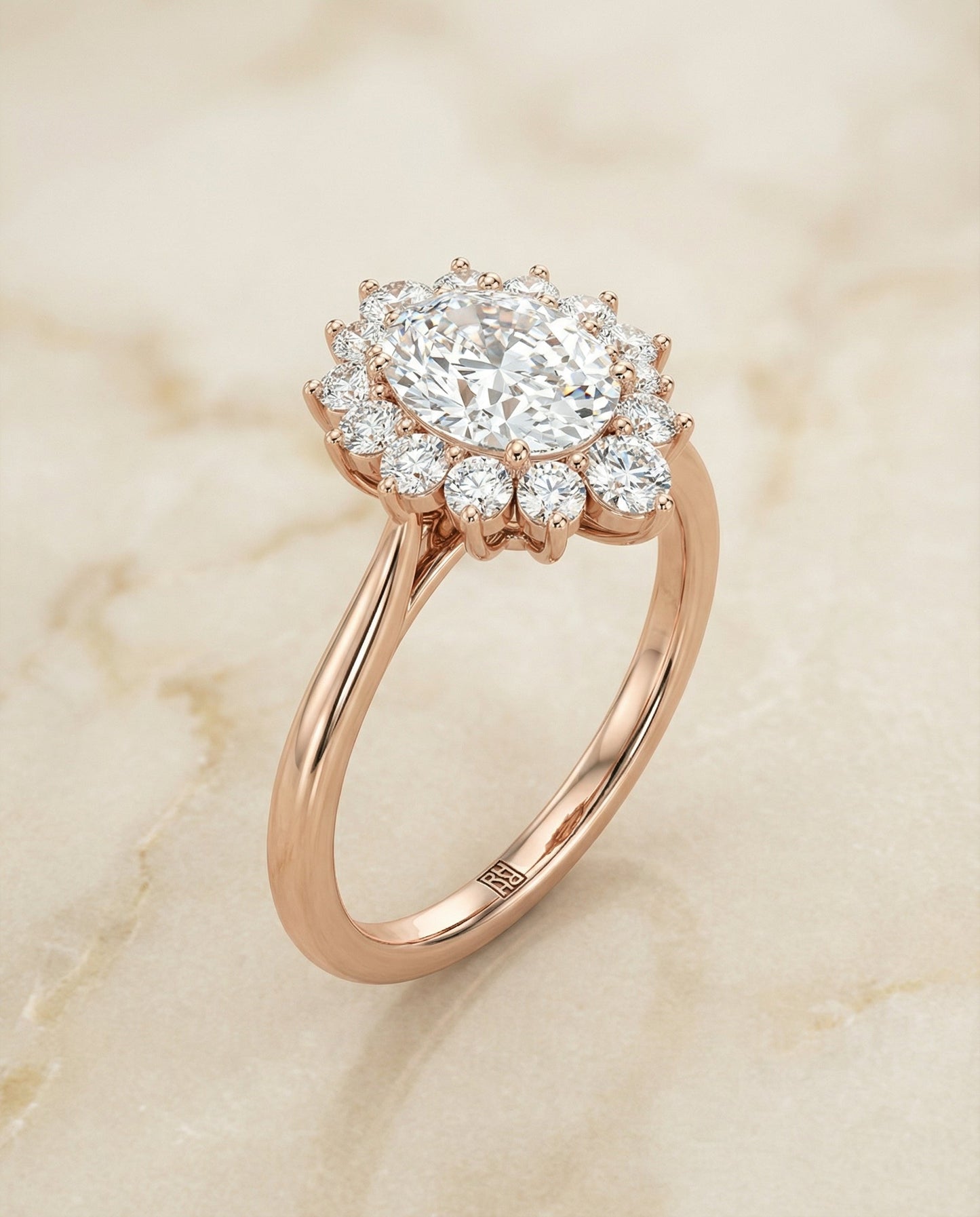 Eloise Select floral halo oval oval ring in 14K Rose Gold — alt angle — RockHer