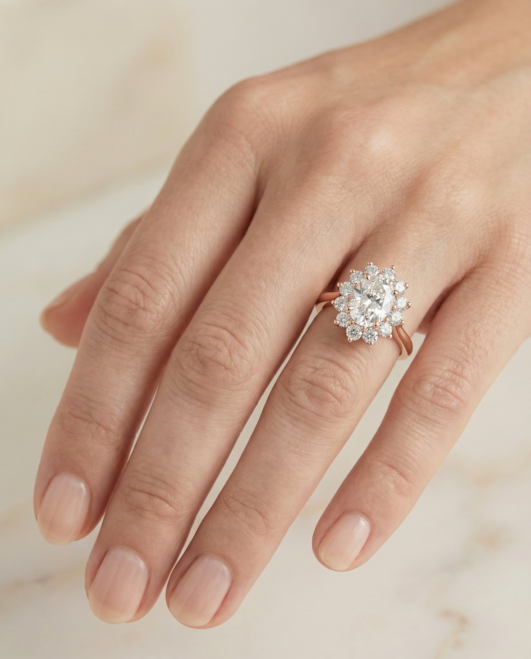 The Eloise engagement ring setting in 14K Rose Gold, floral halo design | RockHer