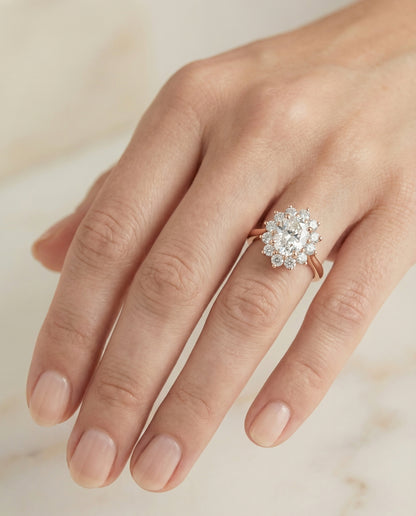Floral Halo Oval, in 14K Rose Gold, prong setting – lifestyle shot | RockHer