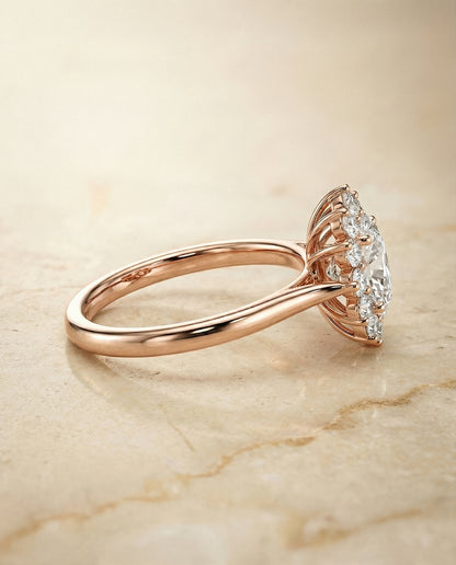 Floral Halo Oval, in 14K Rose Gold, prong setting – side profile | RockHer