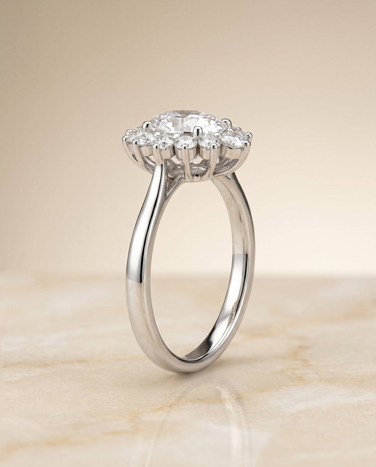 Eloise floral halo engagement ring in 18K white gold with oval lab diamond, RockHer