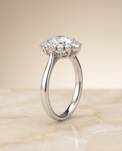 Eloise floral halo engagement ring in platinum with oval lab diamond — RockHer