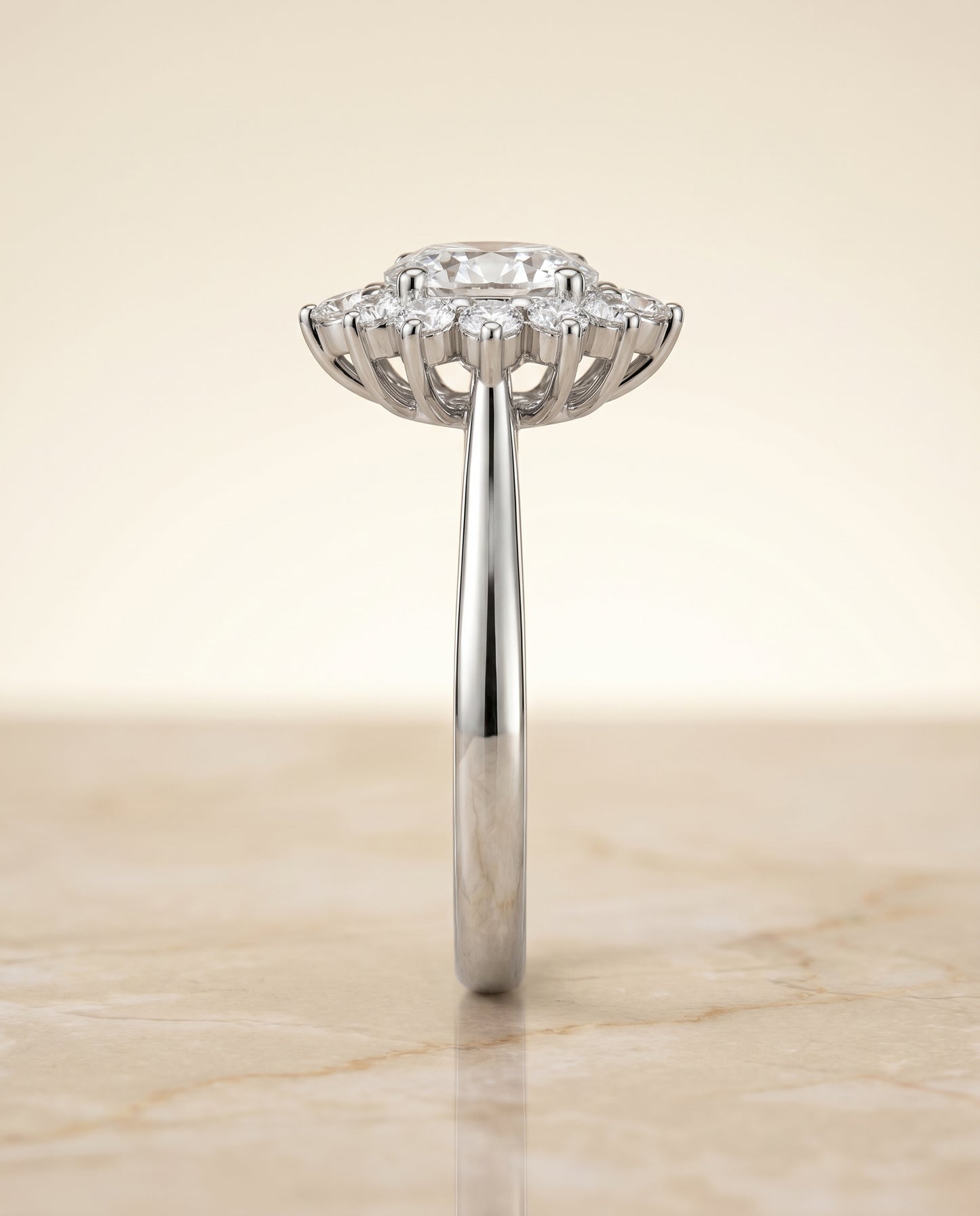 Floral Halo Oval, in Platinum – side profile | RockHer