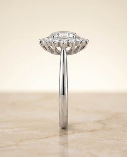Floral Halo Oval, in Platinum – side profile | RockHer