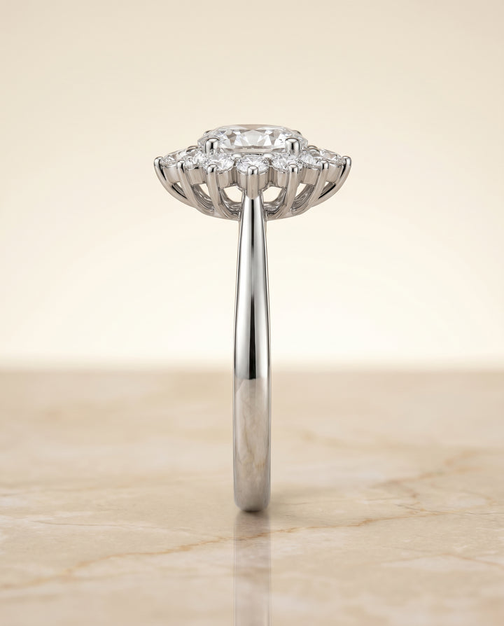 Floral Halo Oval, in Platinum – side profile | RockHer