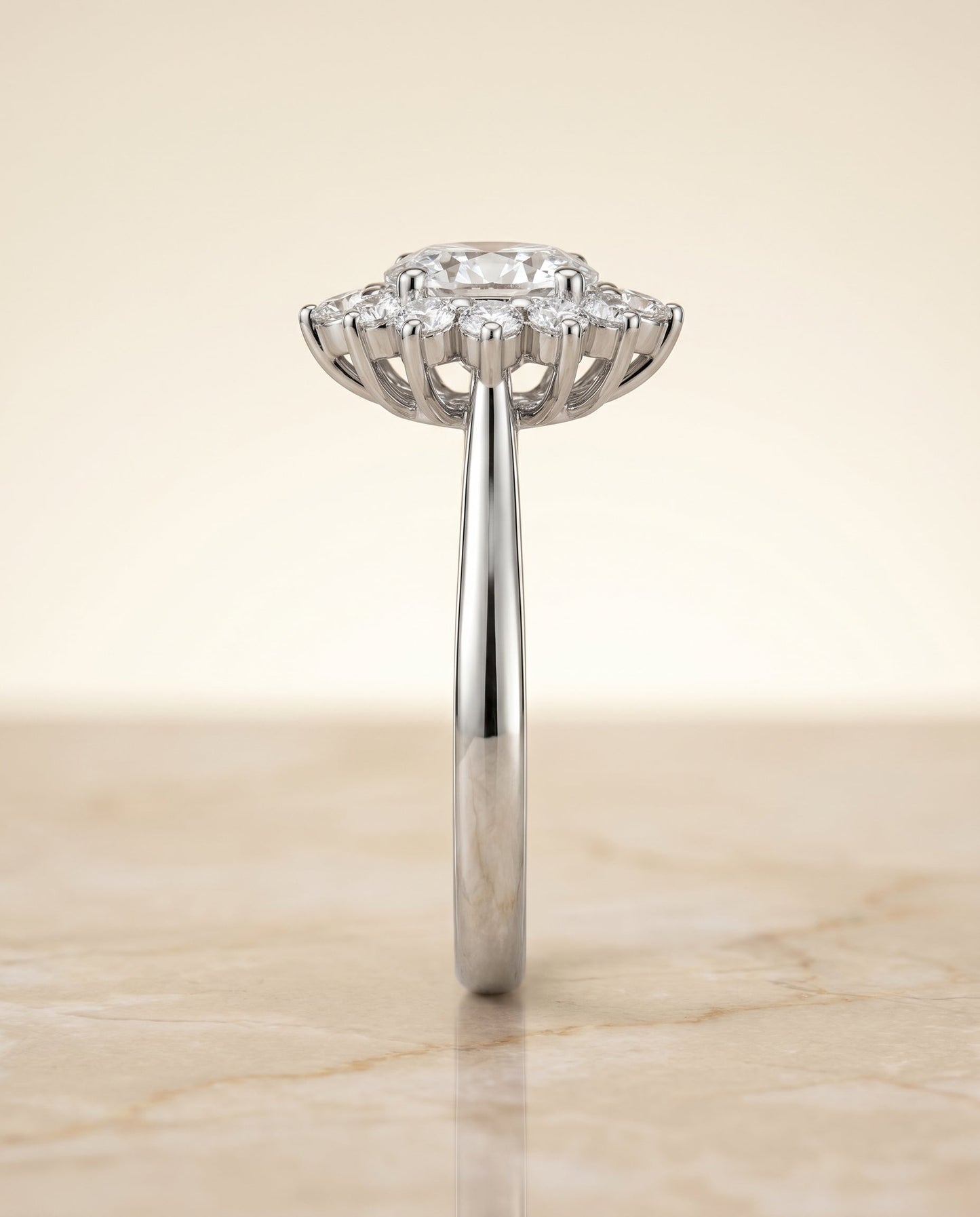 Eloise floral halo engagement ring in platinum with oval lab diamond — RockHer