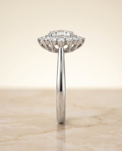 Eloise floral halo engagement ring in platinum with oval lab diamond — RockHer