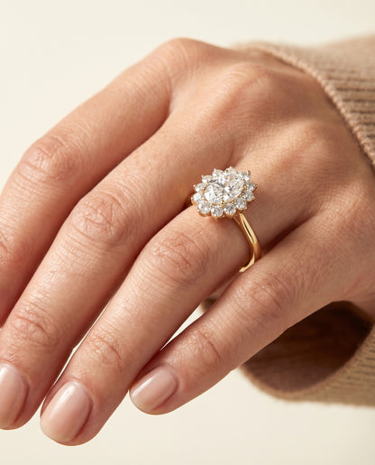 Floral Halo Oval, in 18K Yellow Gold – lifestyle shot | RockHer