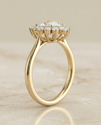 Eloise Select Floral Halo Ov Oval Lab Diamond Engagement Ring in 14K Yellow Gold, side view | RockHer