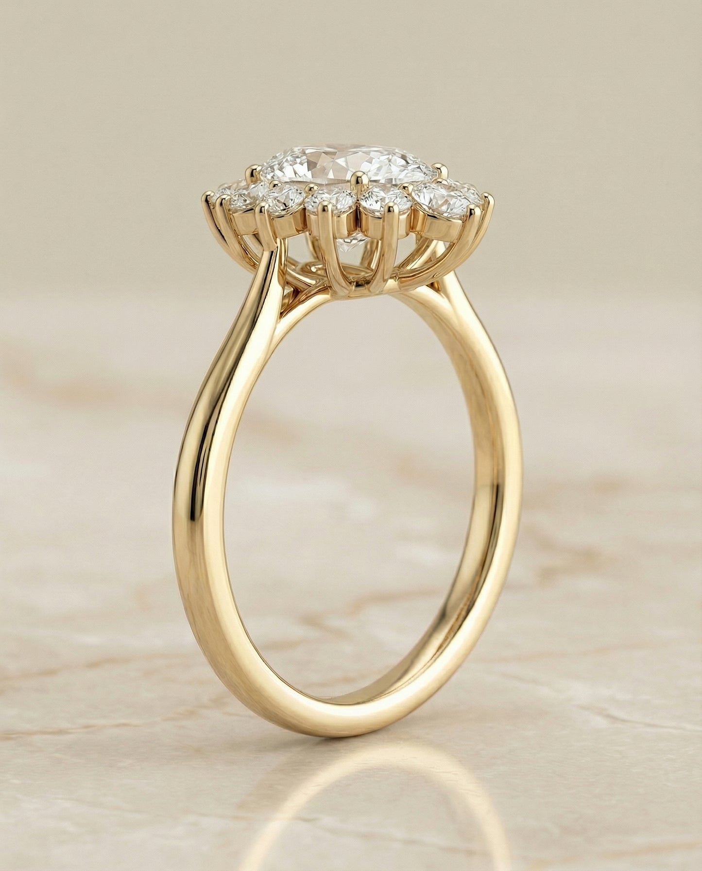 Floral Halo Oval, in 18K Yellow Gold – side profile | RockHer