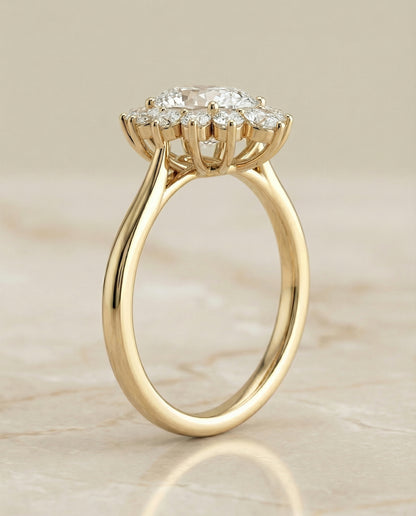Floral Halo Oval, in 18K Yellow Gold – side profile | RockHer