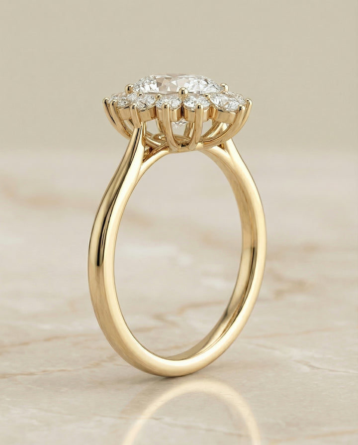 Floral Halo Oval, in 18K Yellow Gold – side profile | RockHer