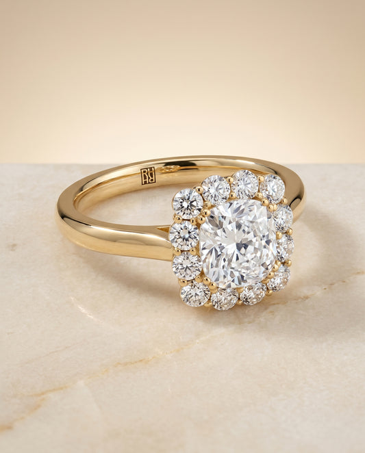 Floral Prong Halo Cushion, in 18K Yellow Gold – angled view | RockHer