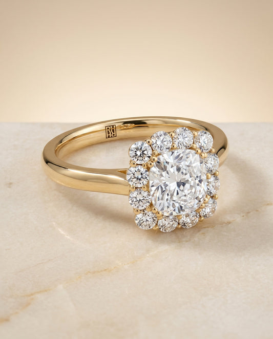 Guthrie Select Floral Prong Halo Cushion in 18K Yellow Gold – view 1