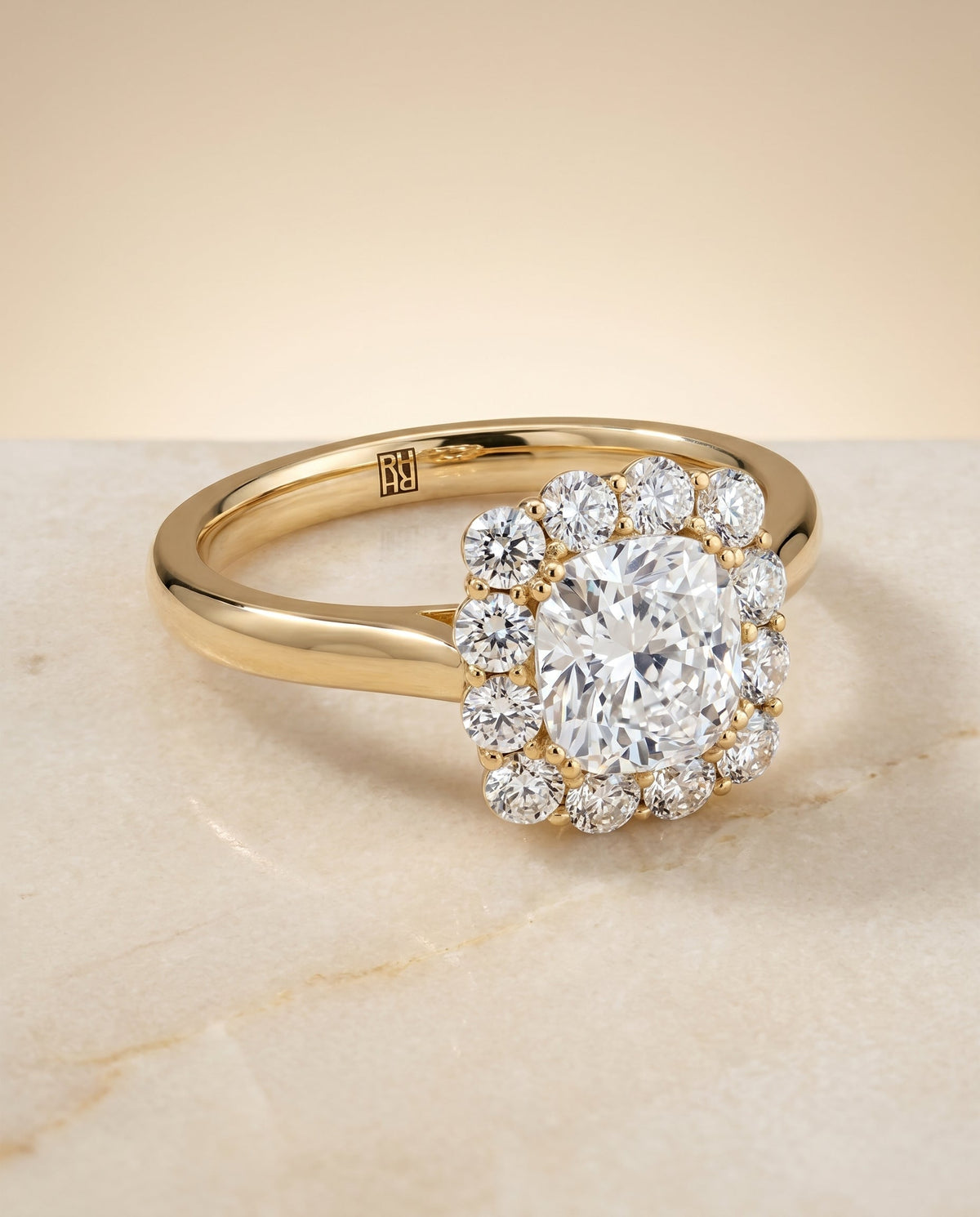 Guthrie Select Floral Prong Halo Cushion Cut Lab Diamond Engagement Ring in 18K Yellow Gold, alternate angle | RockHer