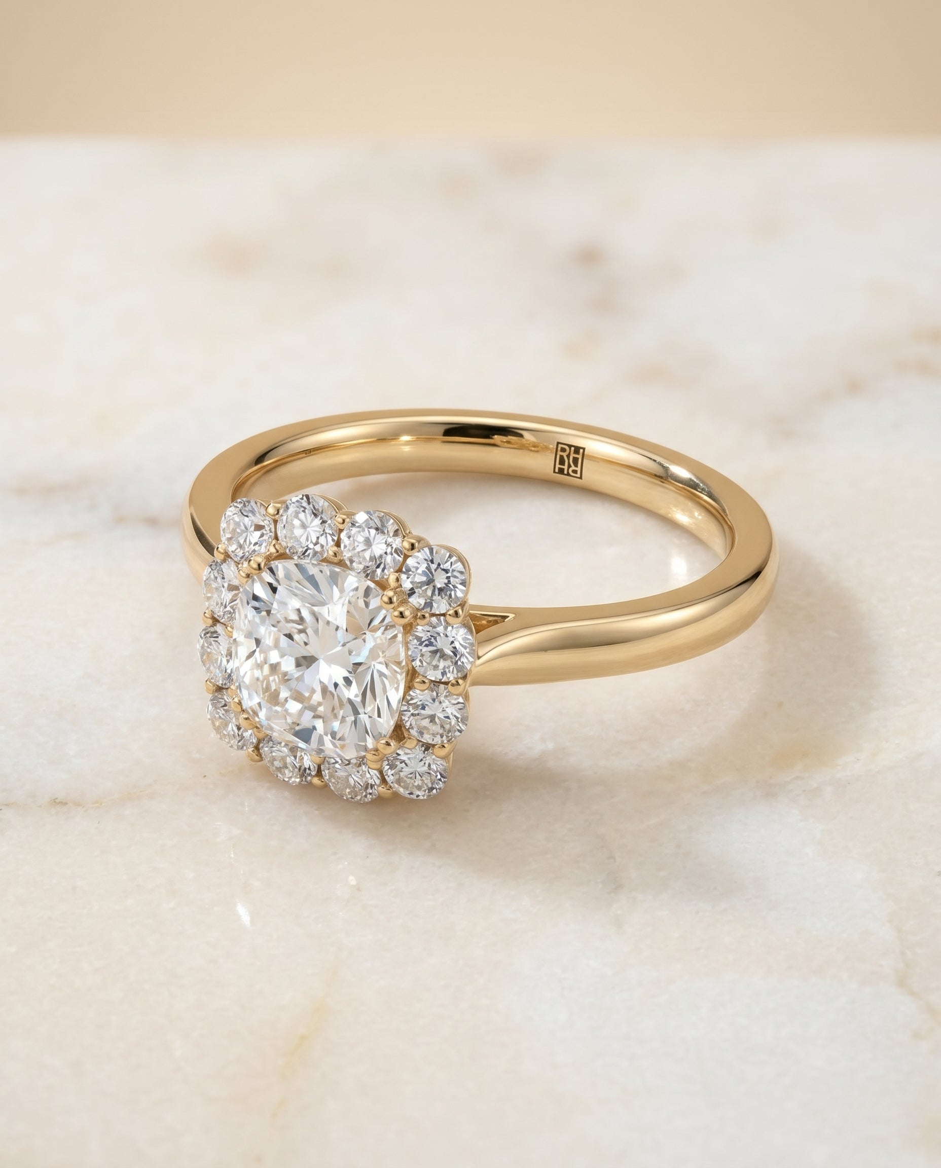 The Guthrie floral prong halo cut engagement ring setting, shown in 18K Yellow Gold | RockHer