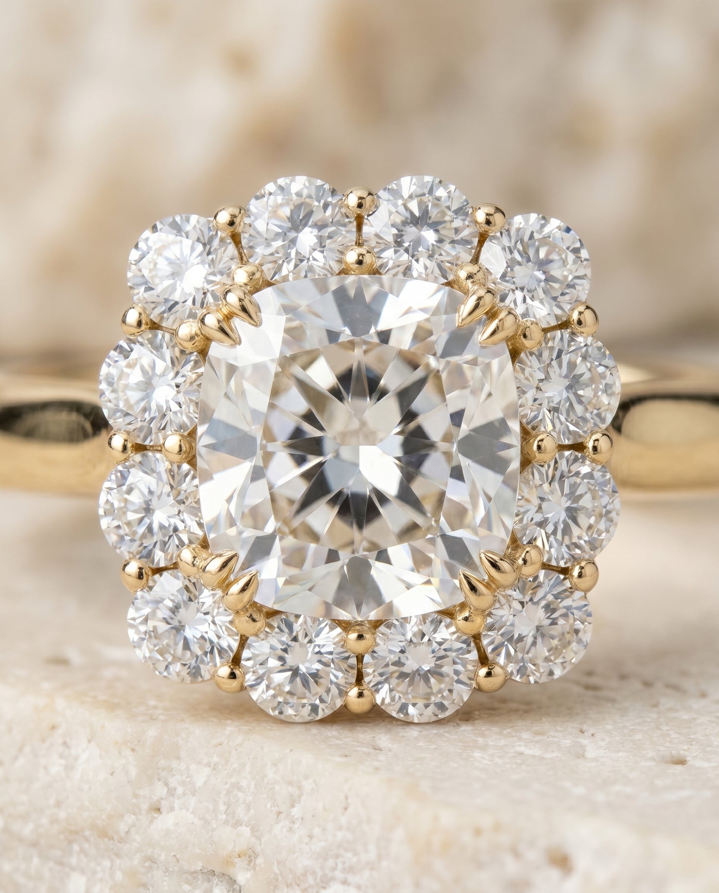 Floral Prong Halo Cushion, in 18K Yellow Gold – detail view | RockHer