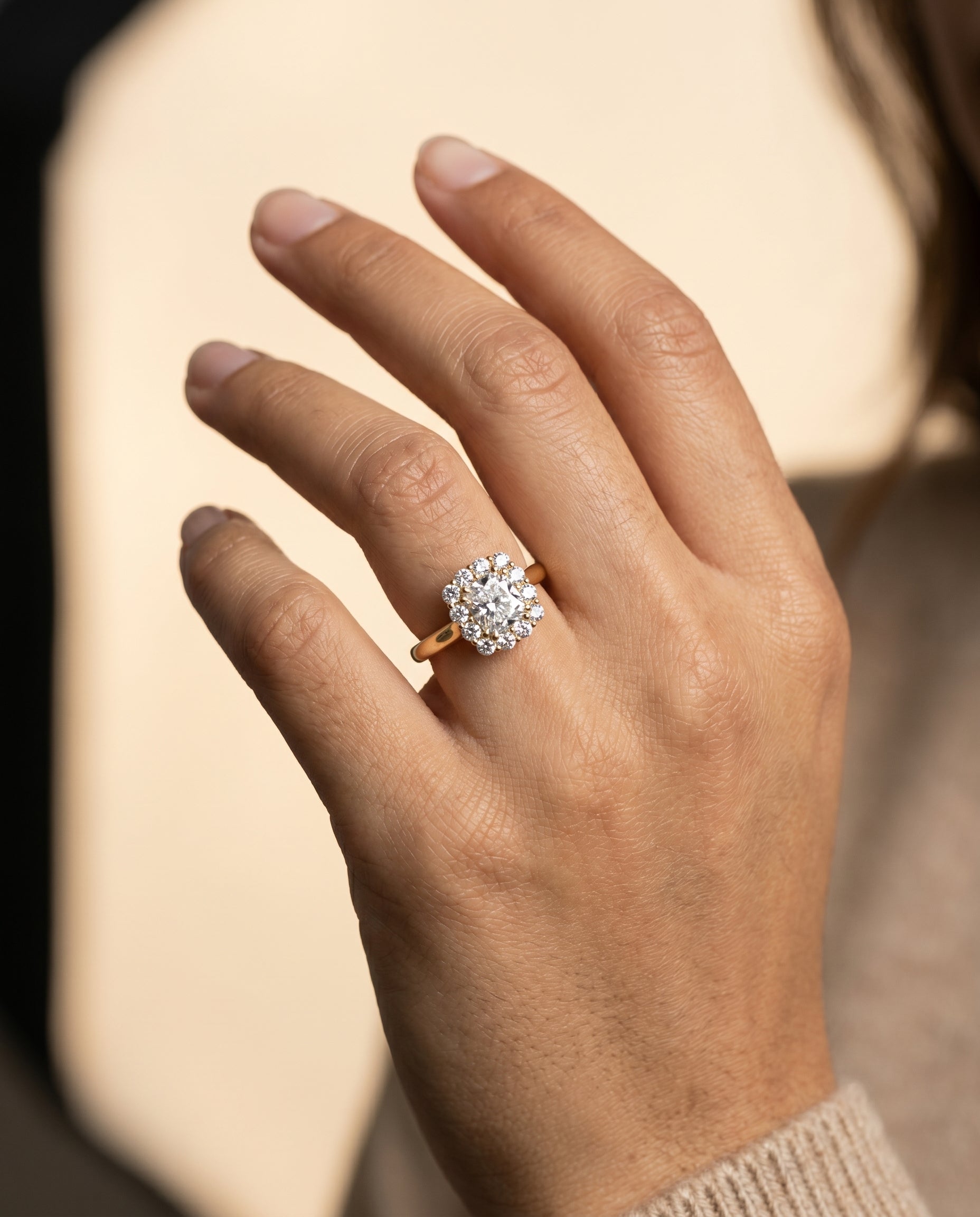 The Guthrie engagement ring setting in 18K Yellow Gold, floral prong halo cut design | RockHer