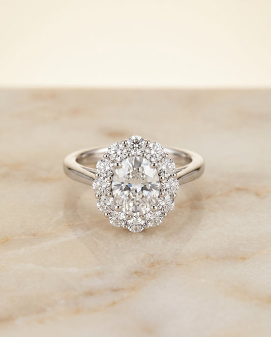 Faith Select Floral Prong Halo Oval in 14K White Gold – view 1