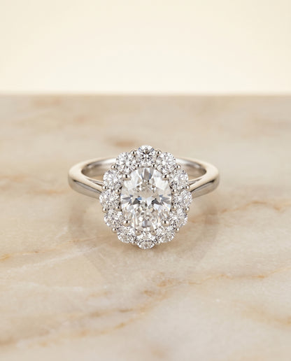 Floral Prong Halo Oval, in Platinum – angled view | RockHer
