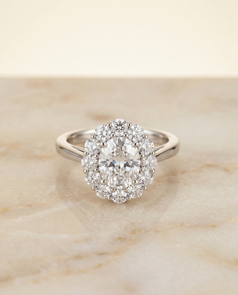 The Faith Floral Prong Halo Oval Engagement Ring Setting in Platinum