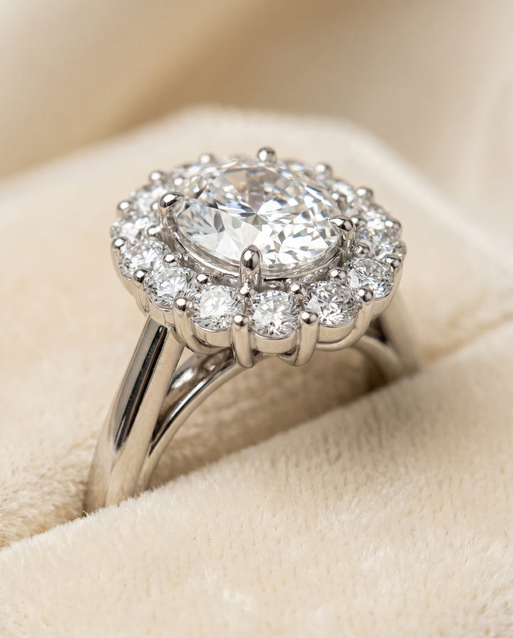 Floral Prong Halo Oval, in Platinum – detail view | RockHer
