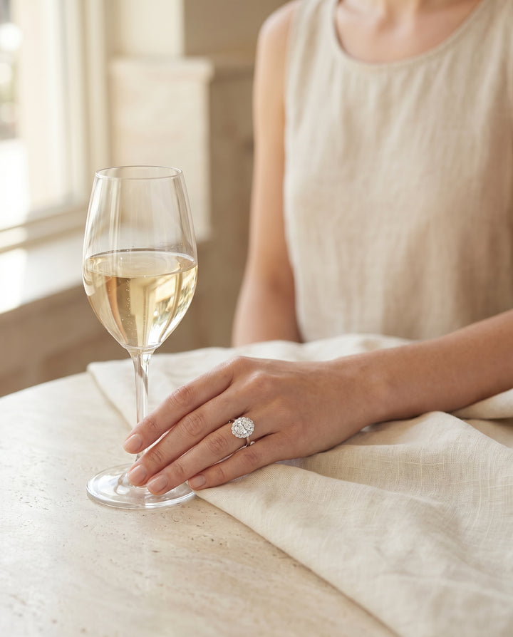 Floral Prong Halo Oval, in Platinum – lifestyle shot | RockHer