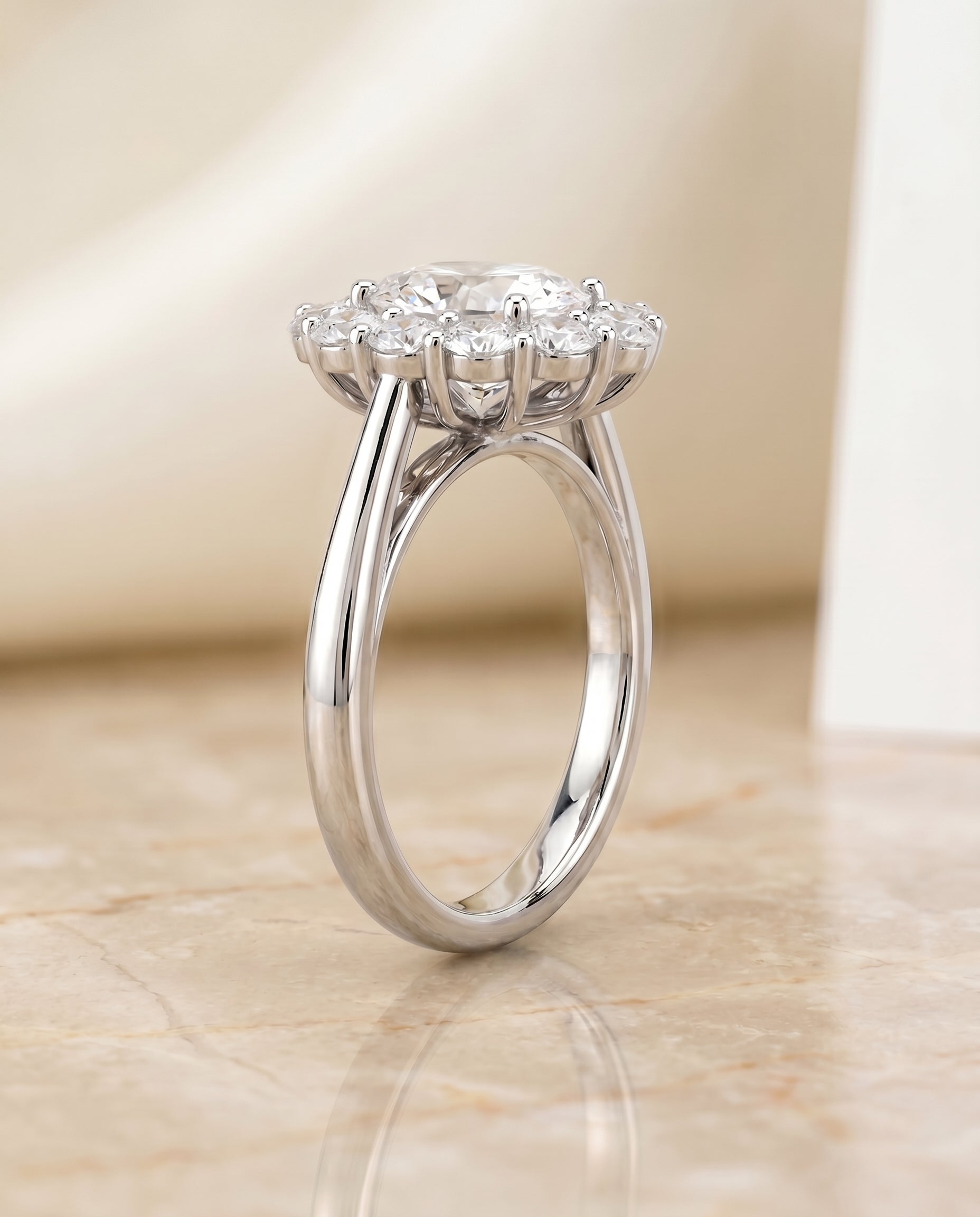 The Faith floral prong halo engagement ring setting, shown in Platinum | RockHer