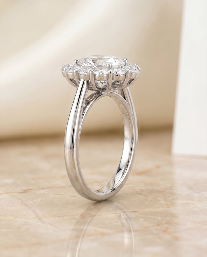 Floral Prong Halo Oval, in Platinum – side profile | RockHer