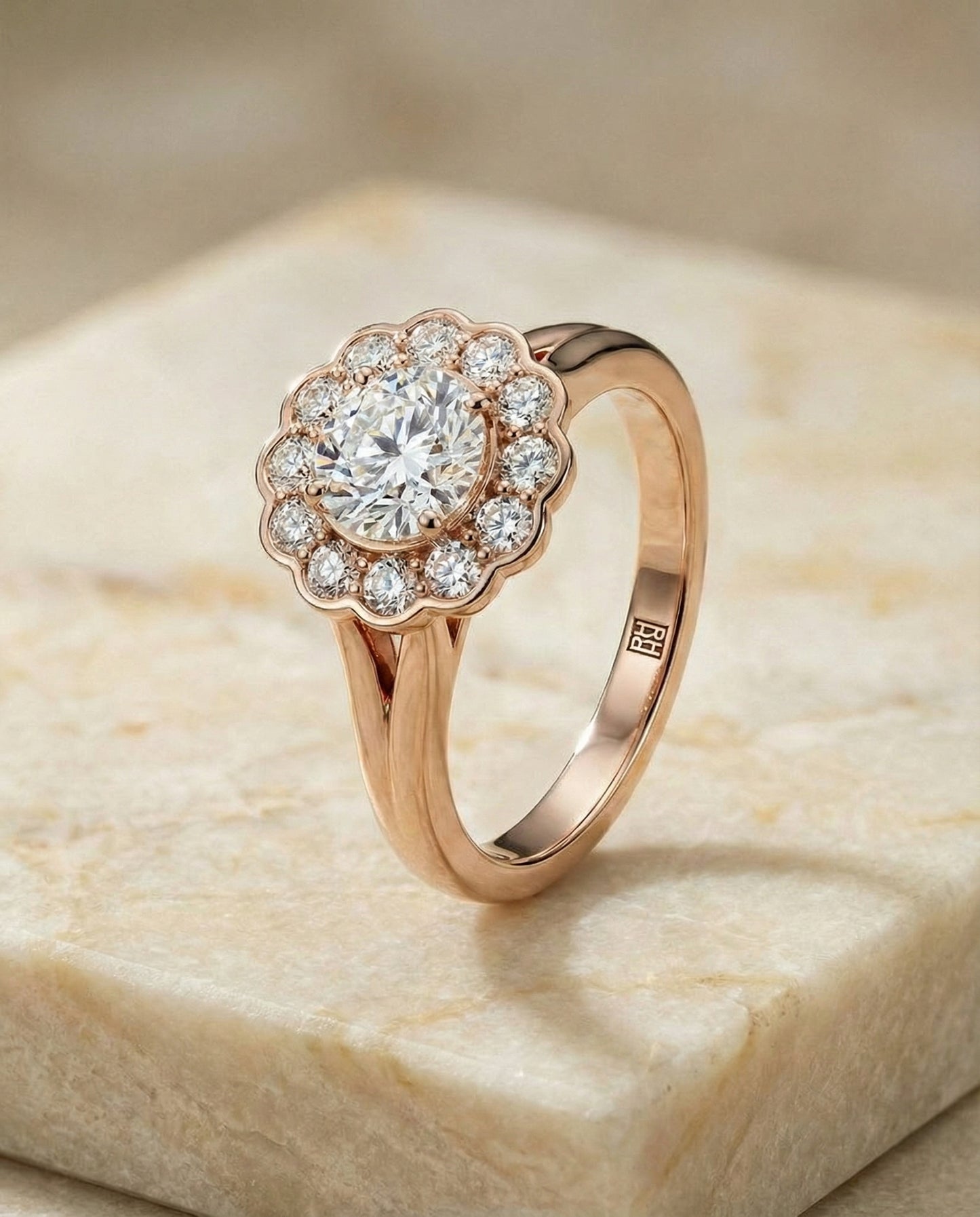 Round Brilliant, Floral Split Shank Halo, in 14K Rose Gold, prong setting – angled view | RockHer