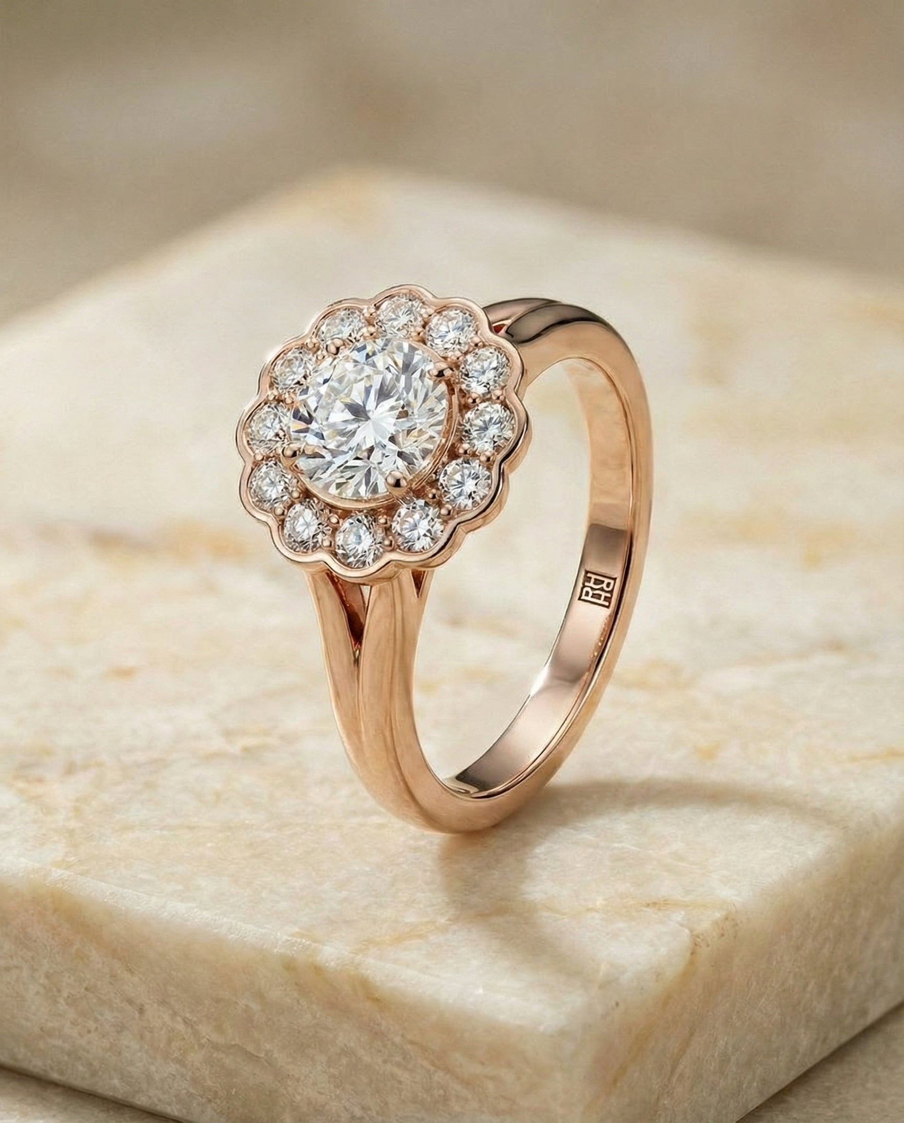 The Nera floral split shank halo engagement ring setting, shown in 14K Rose Gold | RockHer