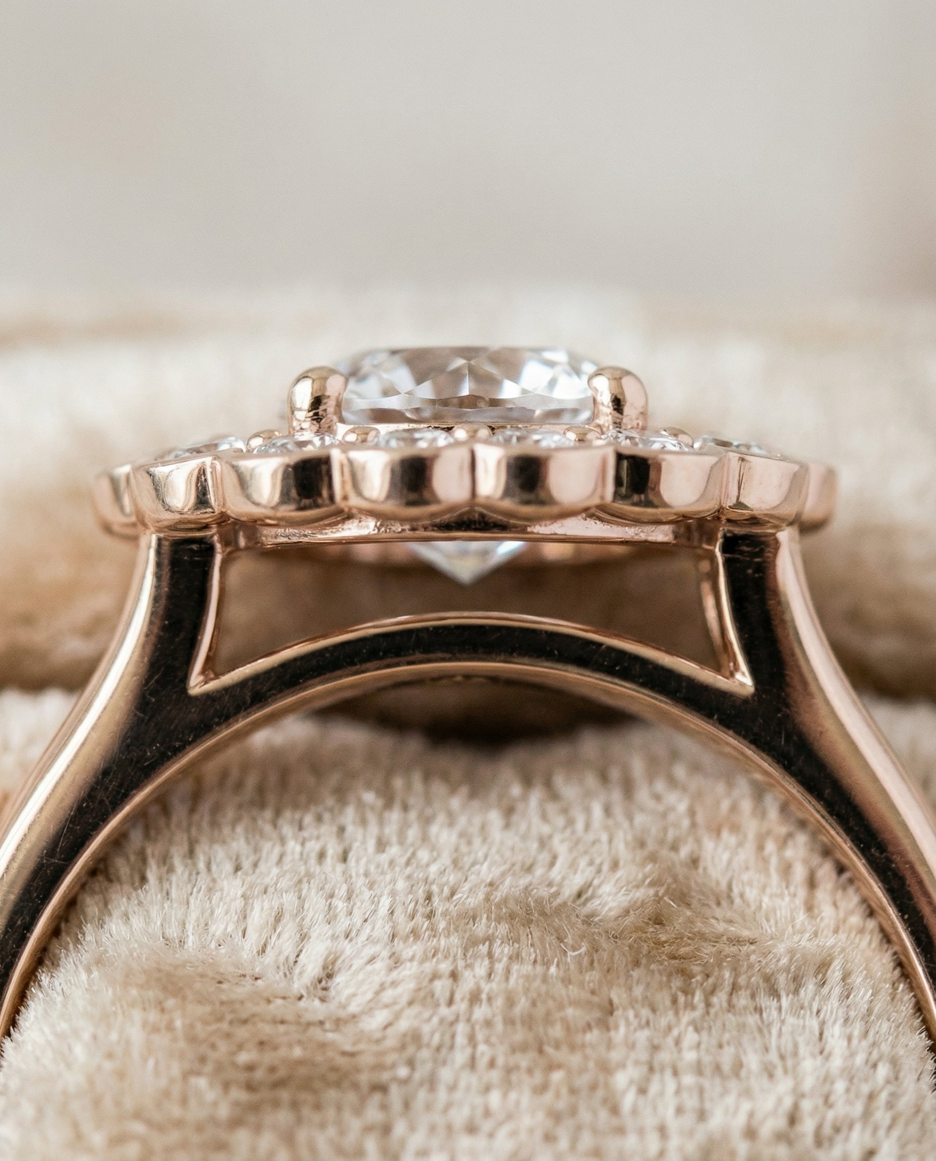 14K Rose Gold band of The Nera round engagement ring setting | RockHer