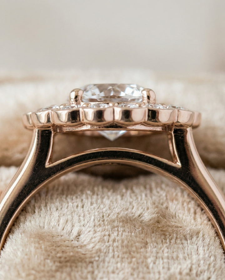 Round Brilliant, Floral Split Shank Halo, in 14K Rose Gold, prong setting – detail view | RockHer