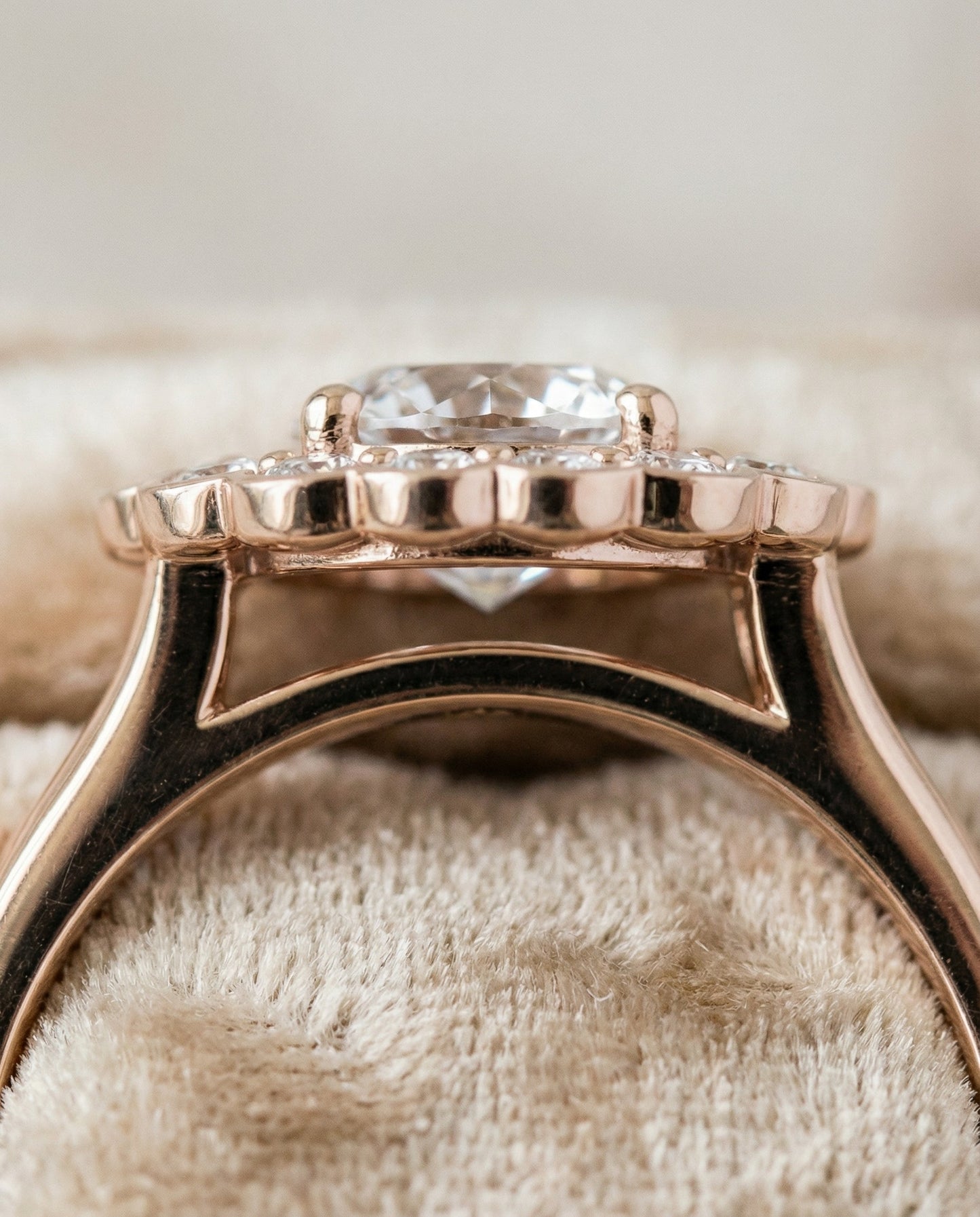 Nera Select floral split shank halo round ring in 14K Rose Gold — detail — RockHer