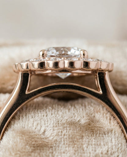 Nera Select floral split shank halo round ring in 14K Rose Gold — detail — RockHer
