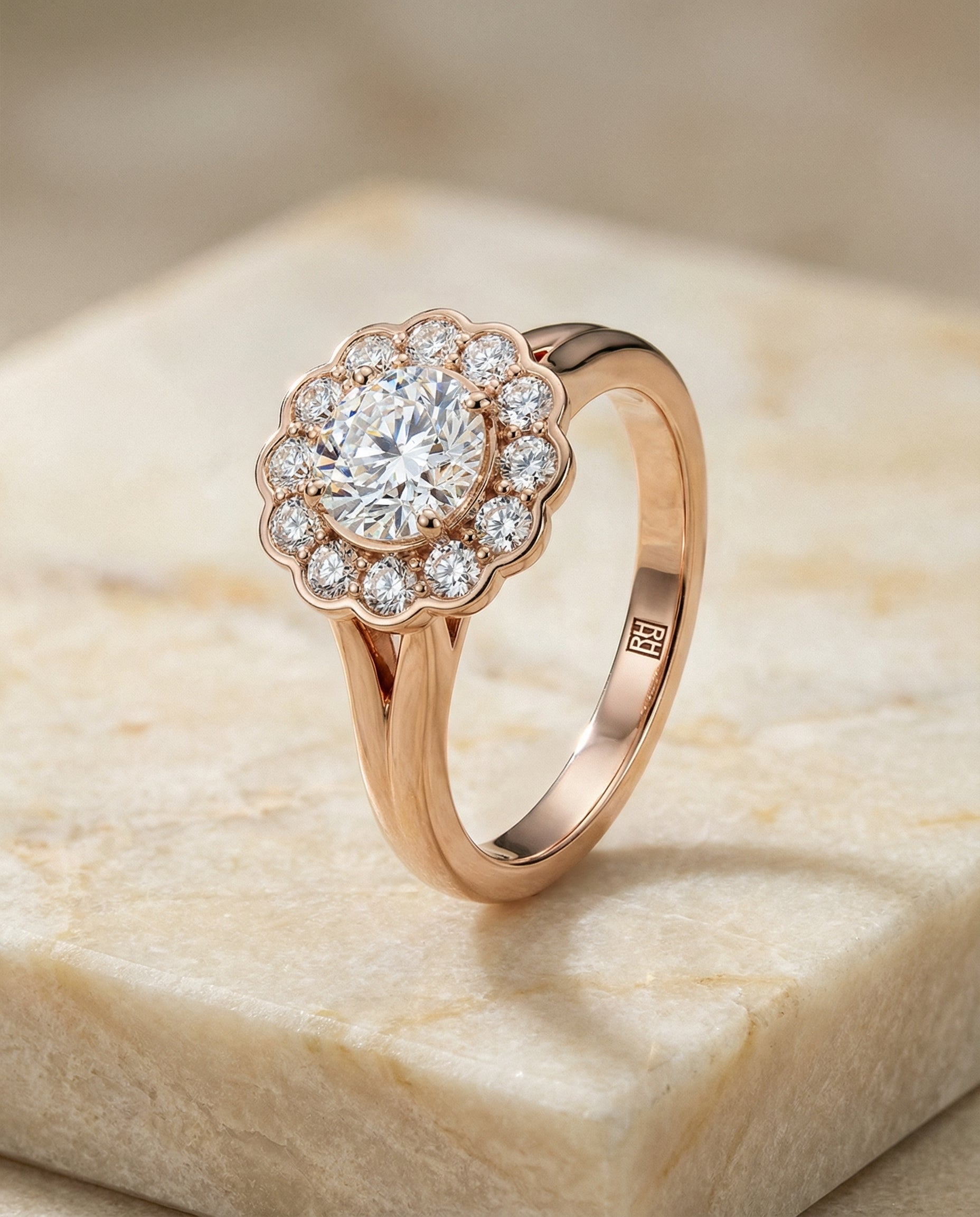 Round Brilliant, Floral Split Shank Halo, in 14K Rose Gold, prong setting – front view | RockHer