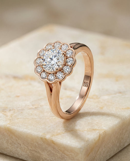 The Nera Floral Split Shank Halo in 14K Rose Gold