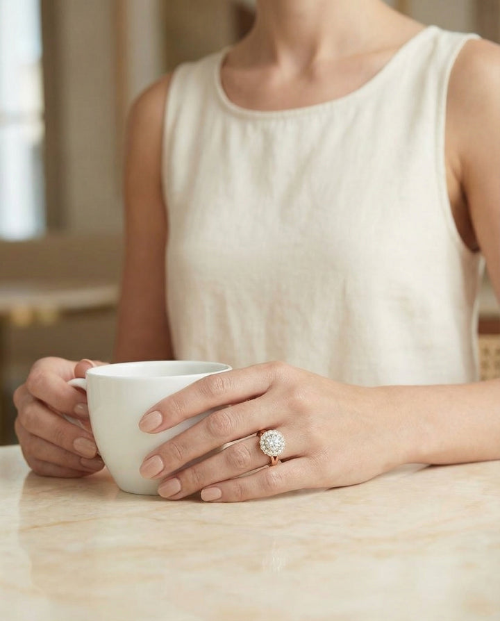 Round Brilliant, Floral Split Shank Halo, in 14K Rose Gold, prong setting – lifestyle shot | RockHer