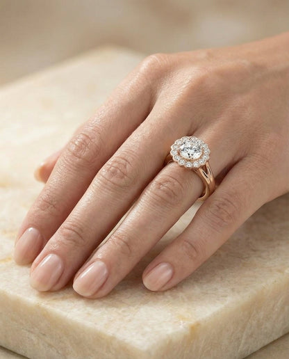 Round Brilliant, Floral Split Shank Halo, in 14K Rose Gold, prong setting – lifestyle shot | RockHer