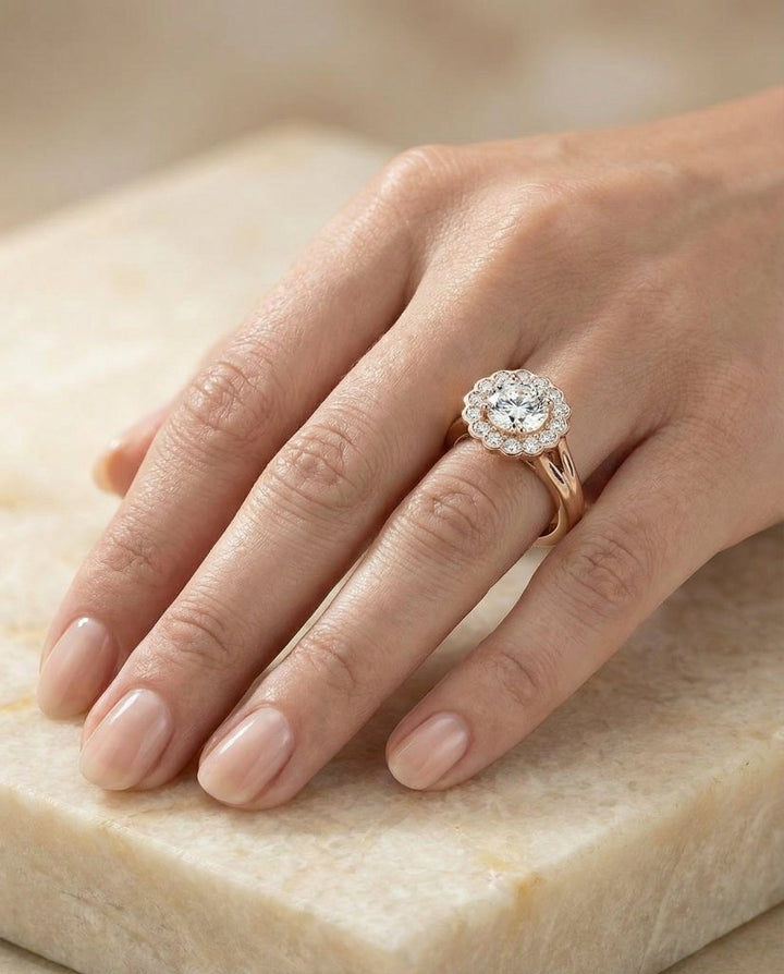 Nera Select floral split shank halo round ring in 14K Rose Gold — front — RockHer