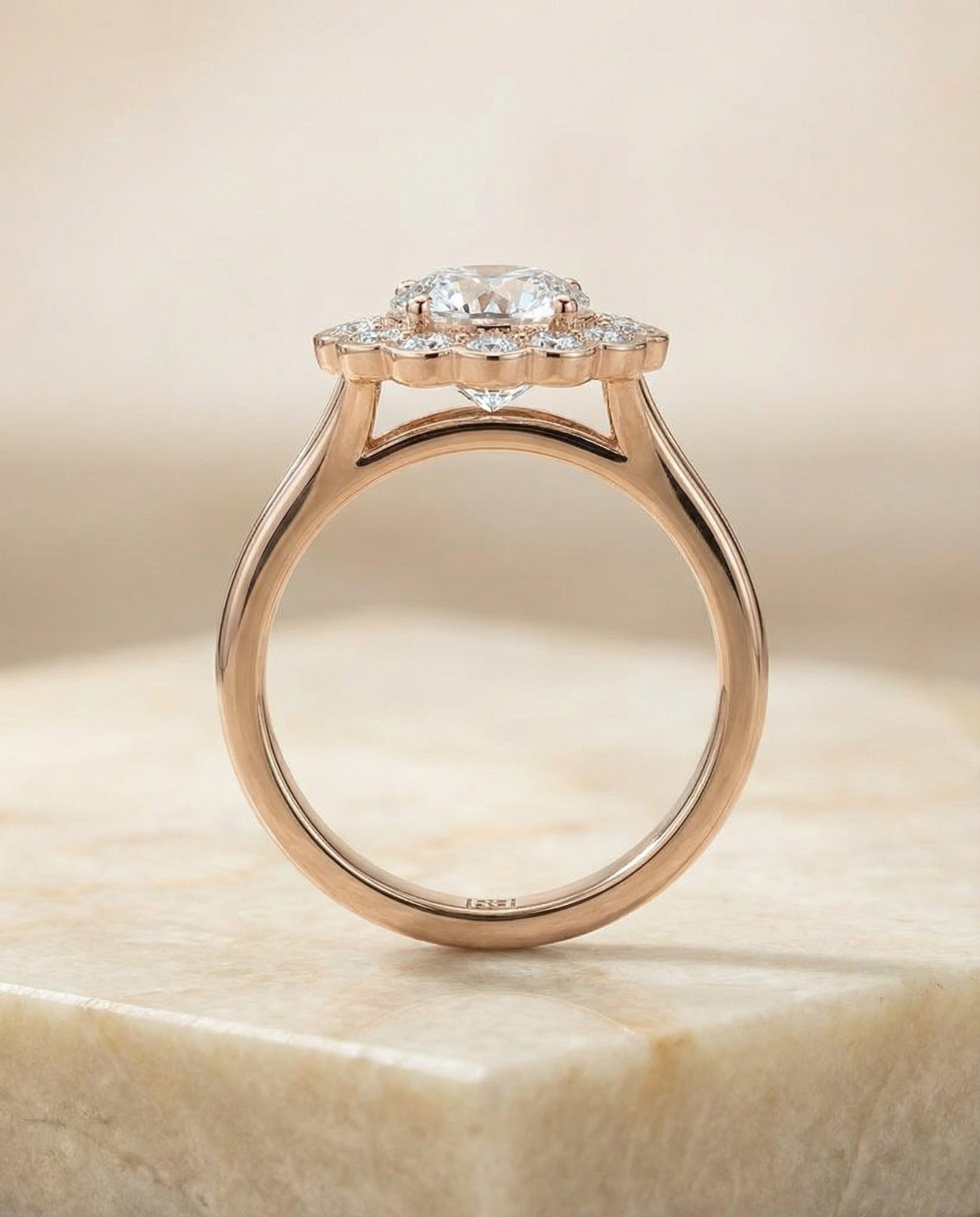 Floral Split Shank Halo styling on The Nera round engagement ring setting | RockHer