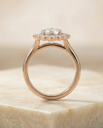 Nera Select floral split shank halo round ring in 14K Rose Gold — side — RockHer