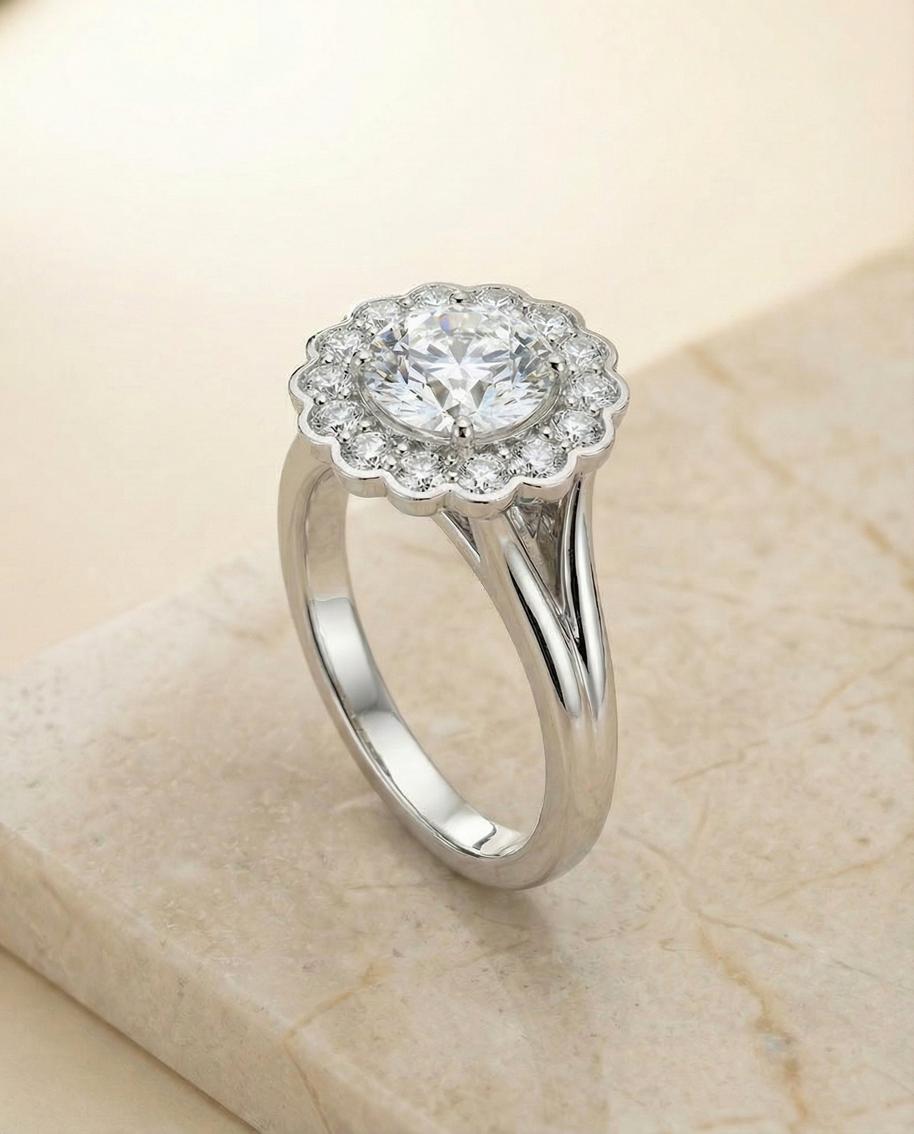 The Nera floral split shank halo engagement ring setting, shown in 18K White Gold | RockHer